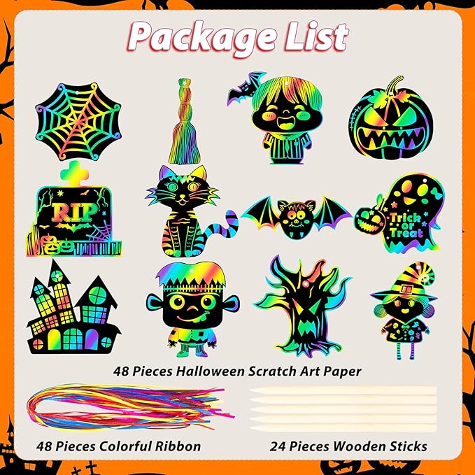 Halloween Scratch Paper Art Set - 48 Pcs Halloween Magic Rainbow Scratch Off Cards for Kids, Pumpkin, Ghost, Witch Hanging Ornaments for Halloween Party Favors Activities(12 Styles)