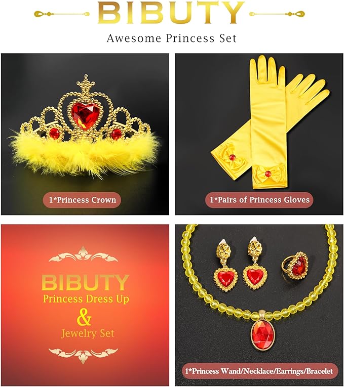 Princess Dress Up Accessories Princess Gloves, 7pcs Dress Up Set for Toddler Girls (Yellow, 7PCS)