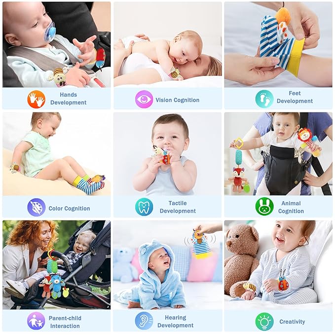 BLOOBLOOMAX Baby Hanging Rattle, Wrist Rattles Foot Finder Rattle Sock, Hand and Feet Rattle Toy, Newborn Present Baby Shower Birthday Gift Set for0 3 6 9 12 24 to 36 Months Babies(12 E)