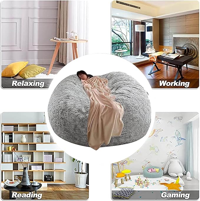 DELADOLA Bean Bag Cover(NO Filler,Cover ONLY) Big Bean Bag Storage Chair Bean Bag Sofa Chair Soft Fluffy Fur Portable Living Room Sofa Bed Cover (Dark Brown, 7FT)