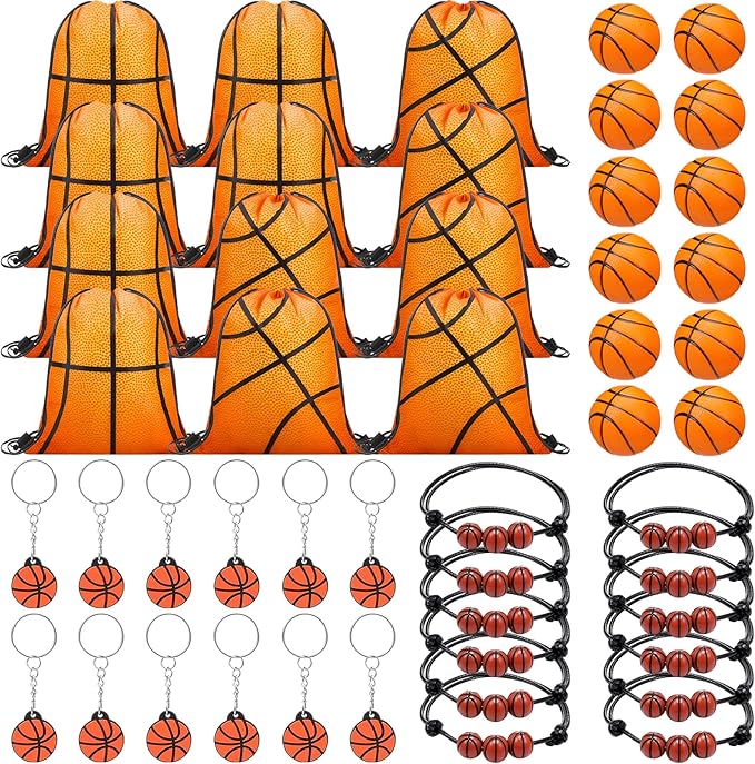 Poen 48 Pcs Basketball Party Favors Basketball Themed Supplies Include 12 Drawstring Backpack 12 Mini Basketball 12 Keychain 12 Basketball Wax Thread Braided Bracelet Inspirational Team Gift
