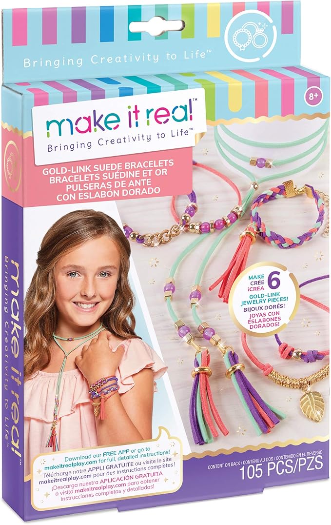 Make It Real: Gold-Link Suede Bracelets Kit - Create 6 Unique Cord & Tassel Charm Bracelets, 105 Pieces, Includes Play Tray, DIY Link & Bead Jewelry Kit, Tweens & Girls, Arts & Crafts, Kids Ages 8+