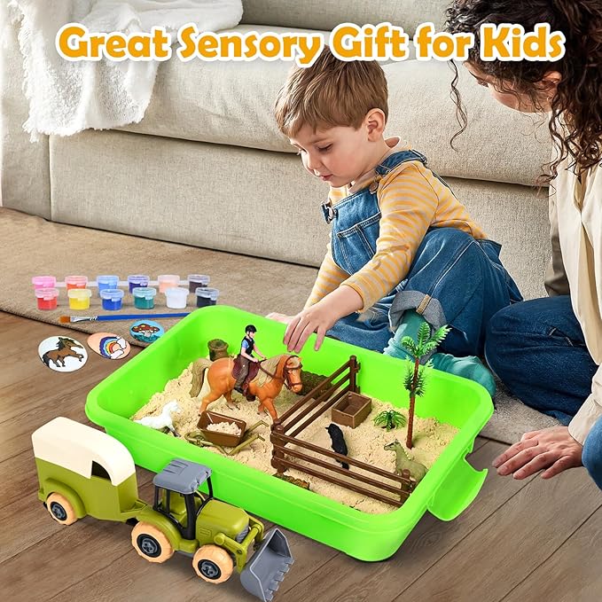 Sensory Bin - Horse Stable Playset Play Sand for Kids,Sandbox with Cover, 1.7 LB Magnetic Sand，Tractor and Stable, Rider and Horse,Rock Painting Kit,Sensory Toys for Autism 3 4 5 6 7 8 Year and Up
