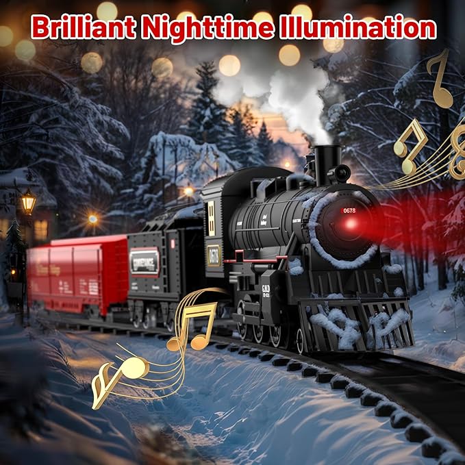 Train Set, Electric Train Set Toys with Smoke, Lights & Sound, Train Set for Under Christmas Tree with Steam Locomotives, Cars and Tracks, Christmas Train Toys for 3 4 5 6 7+ Years Old Kids