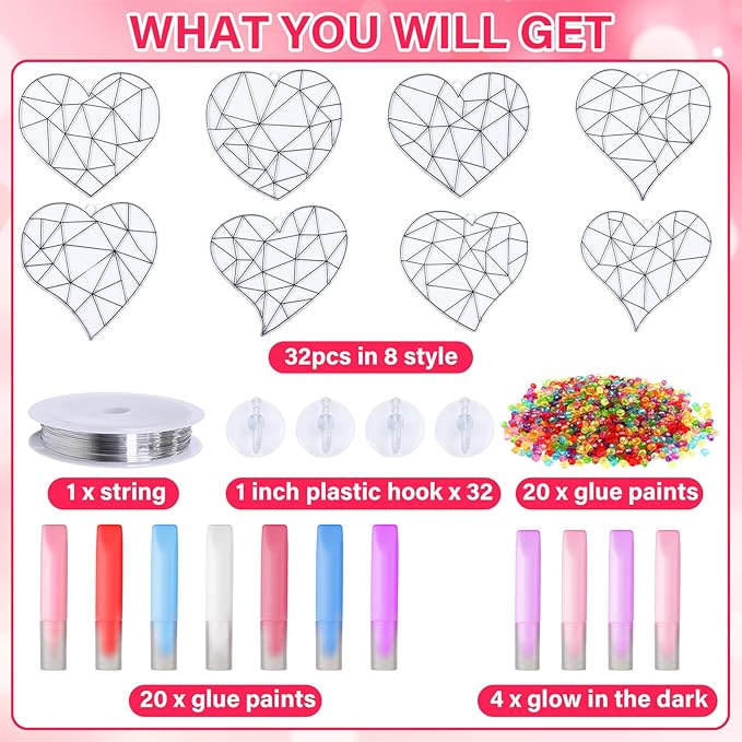 Qyeahkj 32 Sets Valentine's Day Suncatcher Crafts Kit for Kids DIY Heart Window Paint Suncatcher Arts Crafts Valentines Window Ornament Decor for Valentine's Day Gift Classroom Art Project Gift Favor