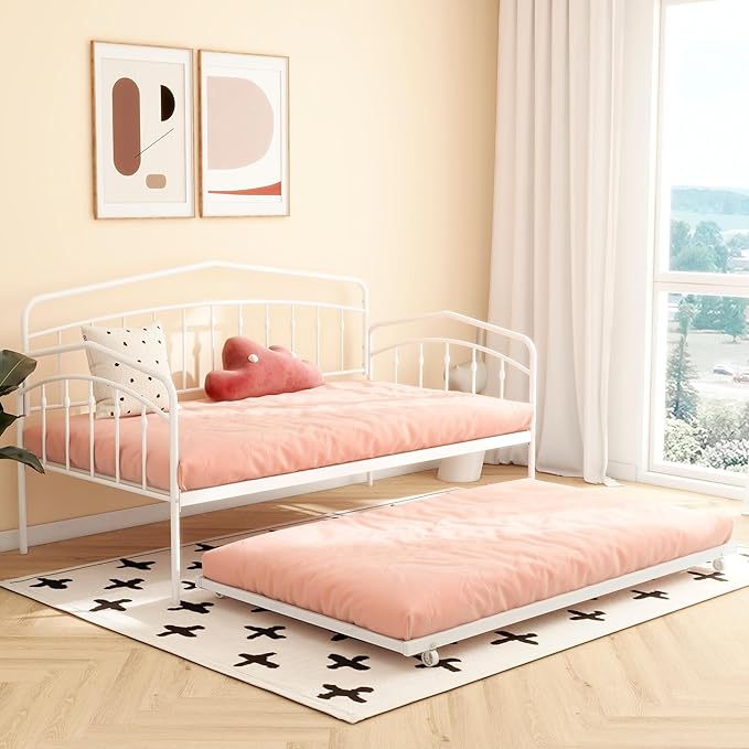 Christopher Knight Home Fox Twin Daybed with Trundle, Metal Sofa Bed Set, Rollaway Daybed Couch Bed Frame for Bedroom Living Room Guest Room, Elegant and Simple Style, Anti-Noise, Easy Assembly, White