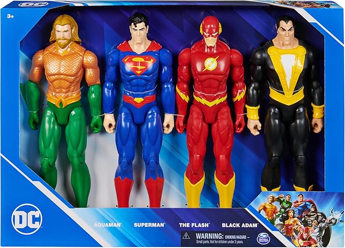 DC Comics, Action Figure 4-Pack, Aquaman, Superman, The Flash, Black Adam, 12-inch, Collectible Superhero Kids Toys for Boys and Girls, Ages 3+