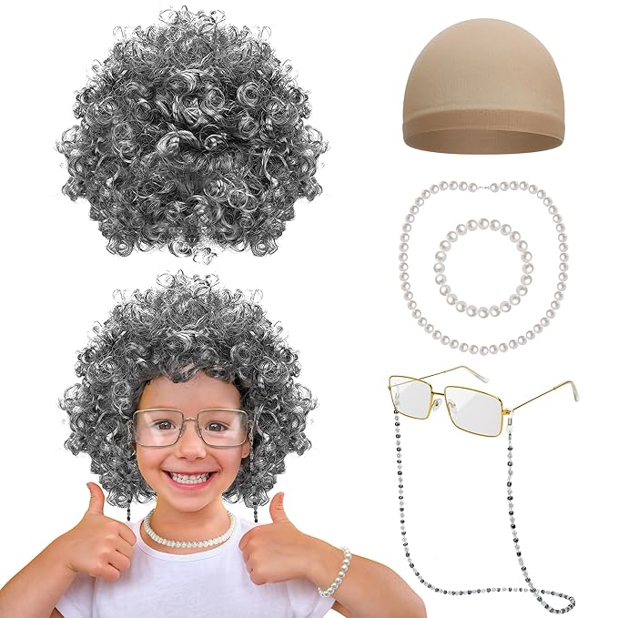 Old Lady Costume for Kids, 100th Day of School Cosplay Black White Curly Wig Glasses Wig Cap Necklace Bracelet Accessories