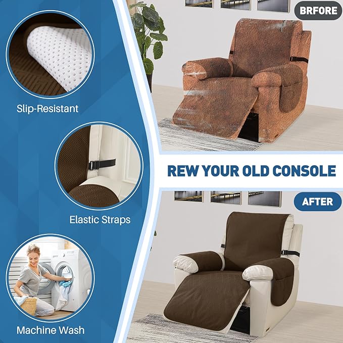 Easehomey Waterproof Large Recliner Chair Cover, Non-Slip Recliner Cover with Two Pockets Elastic Band Slip Covers for Recliners with Arms Washable Reclining Chair Cover for Kids,Pets (Coffee, 28")