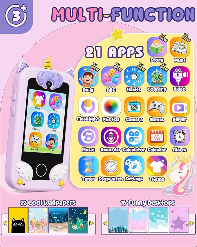 UCIDCI Kids Smart Phone Toys for Girls Ages 3-7 with Dual Camera - Toddler Phone Toys with Learning Games, Travel Toys with MP3 Music Player for Christmas, Birthday Gifts for 3 4 5 6 7 Year Old Boys