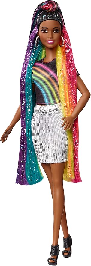 Barbie Rainbow Sparkle Hair Doll Featuring Extra-Long 7.5-inch Brunette Hair with a Hidden Rainbow of Five Colors, Sparkle Gel and Comb and Hairstyling Accessories, Gift for 5 to 7 Year Olds