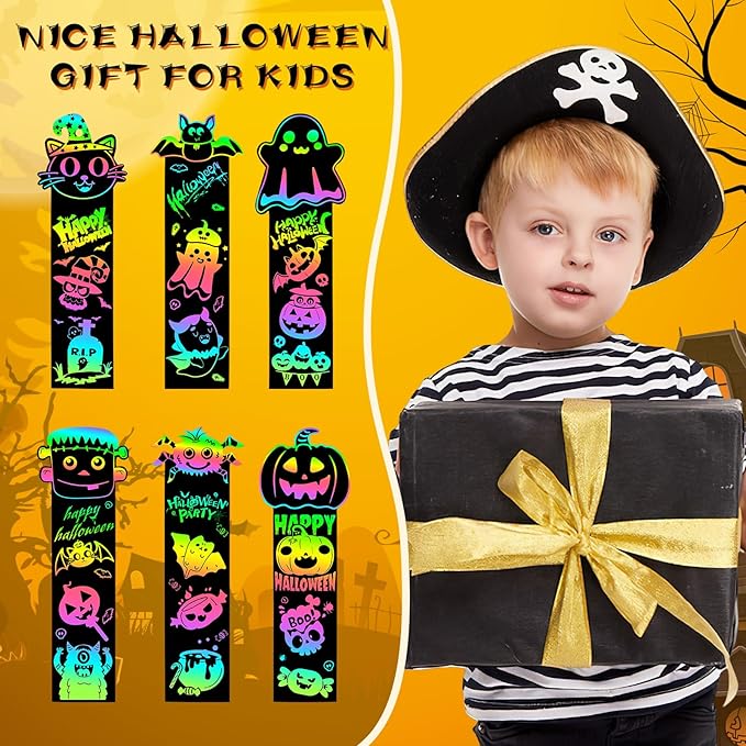 AUGSUN 96Pcs Halloween Scratch Bookmarks, Cute Pumpkin Bat Spider DIY Crafts Kit Rainbow Magic Scratch Paper Art School Classroom Activity Halloween Party Favors