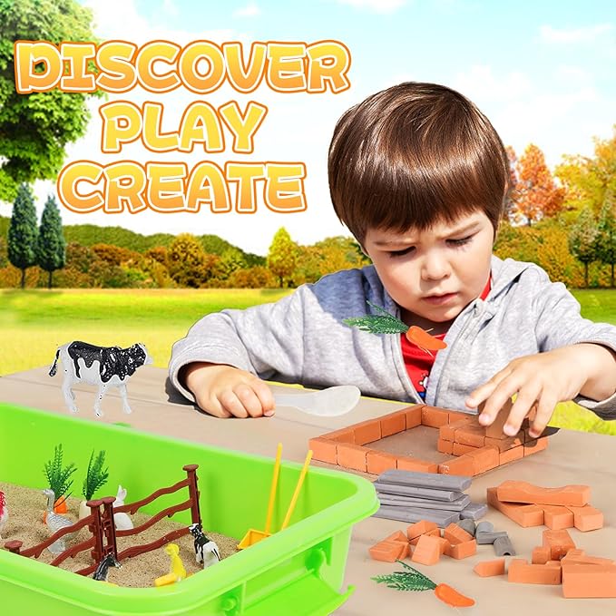 Farm Sensory Toys, Sensory Bins for Toddlers, Preschool Farm Sensory Toys with Sensory Sand, Bricks, Farm Animals, Farm Tools,Farm Sand Play Set for Boys and Grils……