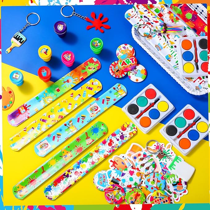 Seajan 122 Pcs Valentines Day Paint Party Favors DIY Mini Watercolor Set Slap Bracelet Art Painting Key Chain Button Badge Stamper Tattoo Sticker for Valentine's Exchange Classroom Gifts Bulk