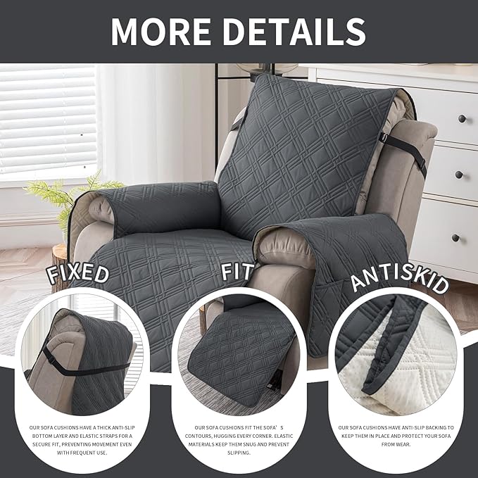 Easehomey 100% Waterproof Recliner Chair Covers, Non Slip Oversized Reclining Cover, Cover Furniture Protector Washable Chair Cover with Pocket,Elastic Straps for Kids,Pets,Dogs(Dark Gray,28")