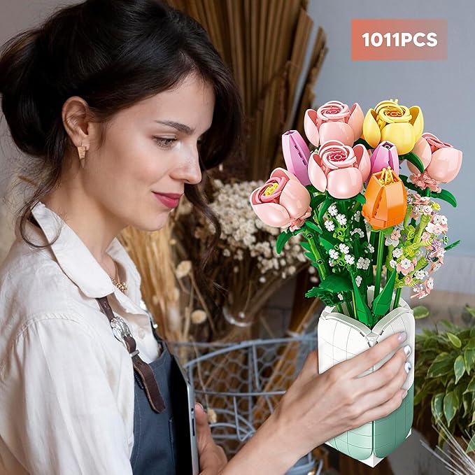 Flowers Bouquet Building Set Tulips Camellia with Vase for Adult -1011pcs Compatible with Lego