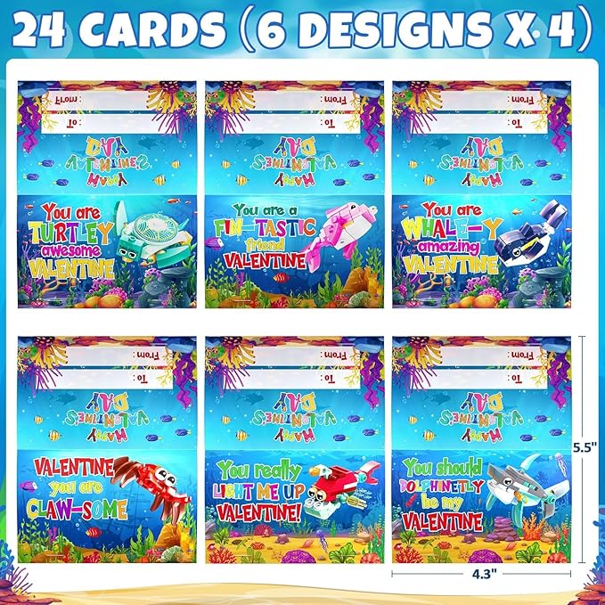 Valentines Day Gifts for Kids, 24 Pack Sea Animal Building Block Set with Valentines Day Cards for Kids Classroom School, Kids Party Favors Goodie Bags Classmate Exchange Gift Classroom Prizes