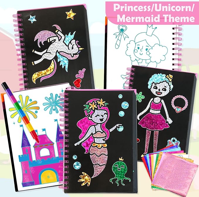Foil Art Craft Activity for Kids: Fun DIY Toy Sticker Kit, No Mess Creative Travel Supply Set, Idea Birthday Easter Basket Stuffers Valentines Gift for Girl Boy Toddler 4 5 6 7 8 9 Year Old (Princess)