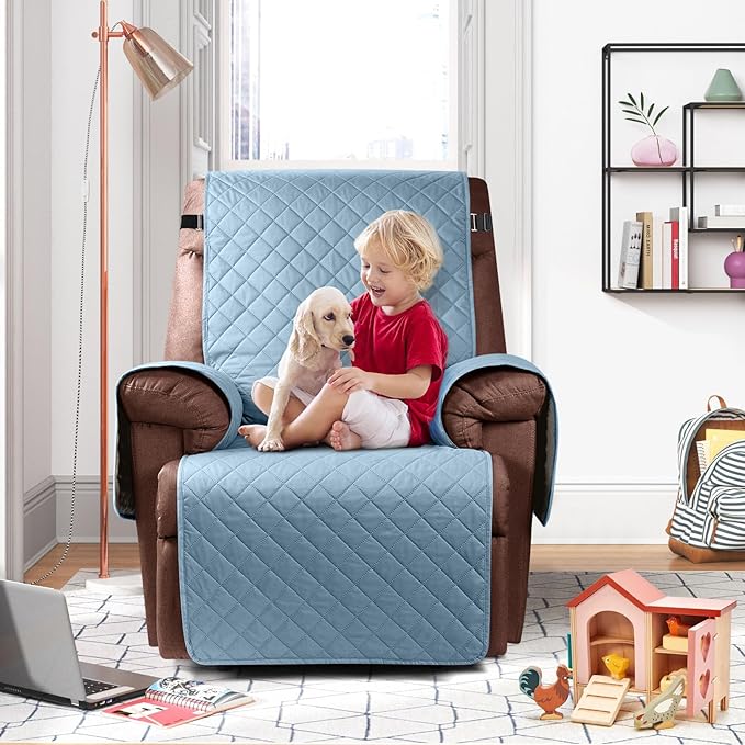 KinCam 100% Waterproof Recliner Chair Cover, Reclining Couch Covers for Pets, Dogs, Recliner Couch Slipcover Furniture Protector with Elastic Straps for Kids(23.6", Light Blue)