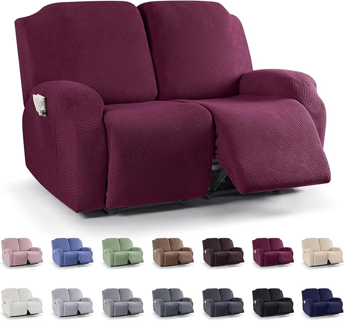 KinCam Recliner Covers, Stretch Reclining Chair Covers, Recliner Sofa Slipcovers Stripe Jacquard Recliner Couch Covers Furniture Protector Covers for Pet Kid (2 Seater, Wine)