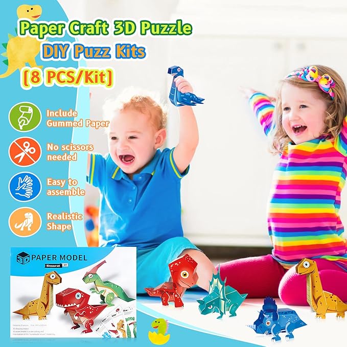 Paper Craft 3D Puzzle DIY Puzz Kits (8 PCS/Kit) Cartoon Art Craft Gift for Kids, No Need Scissors, Include Adhesive Paper, Art Supplies in Class, Cubic Art Decor Paper Model Craft Kit (Animals)
