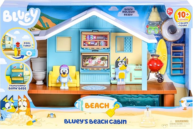 Bluey Beach Cabin Playset, with Exclusive Figure with Goggles. Includes 10 Play Pieces and Sticker Sheet