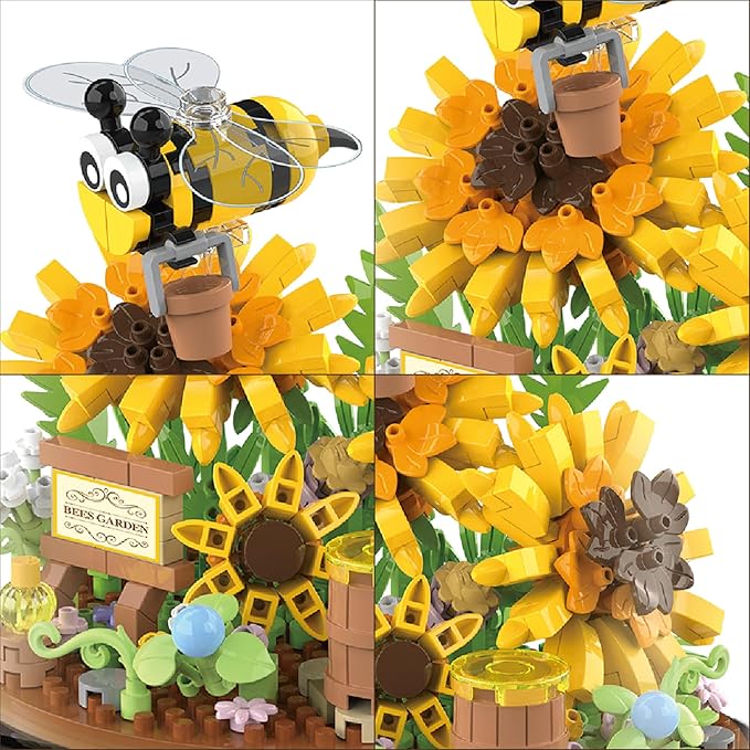 Bee Garden Building Blocks Set - 548 PCS Mini Brick Blocks with Base and Dust Cover, Artifical Flower Office Home Décor for Mother Friend Girlfriend