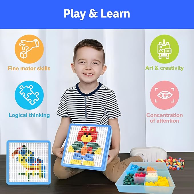 KIEZ 490 Pieces Mosaic Puzzle, Pixel Art Challenge with 24 Designs (Animals, Vehicles, Fruits, Architectures), DIY Art STEM Toys for Kids 3+ Years Old