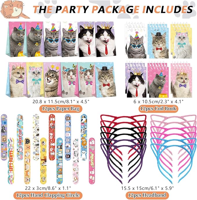 139PCS Cat Party Favors - 12 Cat Stickers 12 Slap Bracelets 12 Cat Ears Headband 12 Cat Animal Mini Notepad 12 Cat Face Pen 12 Cat Keychain 12 Cat Favor Bag 42 cat stickers for Cat Party Supplies