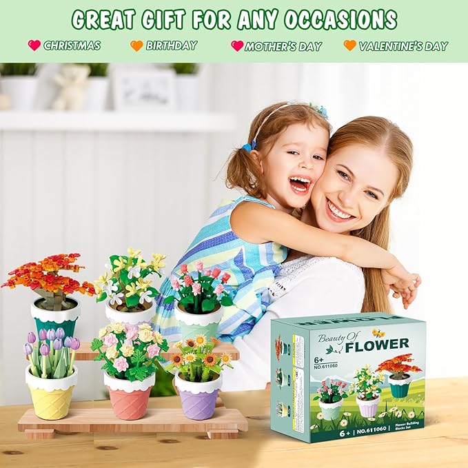 POKONBOY Flowers and Plants Bonsai Tree Building Sets, 6 Pack Botanical Collection Building Toys Creative Flowers Building Kits Home Decor Birthday Boys Girls 6+