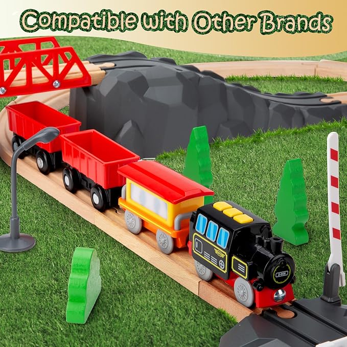 Battery Operated Locomotive Train Set for Wooden Train Tracks, Electric Train Toys for Toddlers Magnetic Connection, Powerful Engine Bullet Train Set Compatible with Thomas, Brio, Melissa and Doug 3Y+