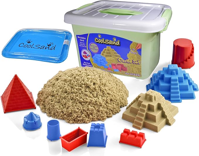 Deluxe Bucket - Castle Edition - Set Includes: 2 Pounds Moldable Indoor Play Sand, Shaping Molds, Inflatable Sandbox & Storage Bucket