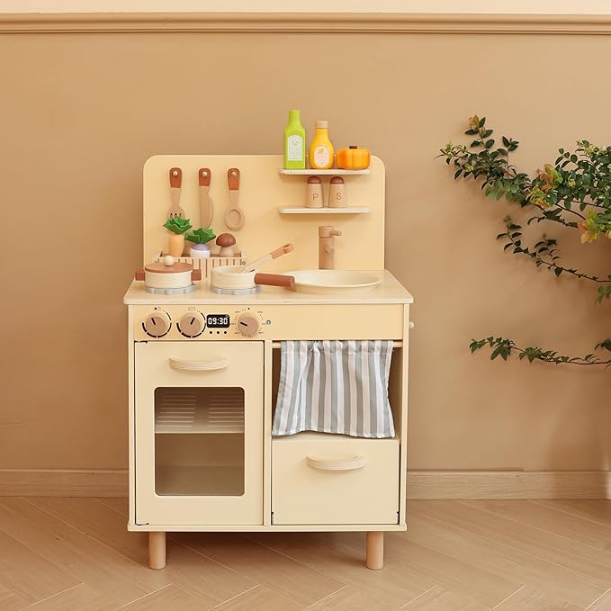 Play Kitchen for Kids, Classic Wooden Kitchen Playset with Food Accessories Set Ideal for Creative Pretend Play, Suitable for Toddlers, Girls & Boys Ages 3+