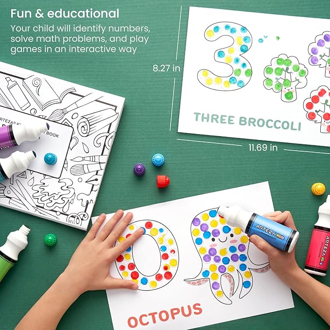 Arteza Kids Dot Markers and Activity Book, 6 Nontoxic Bingo Daubers, 50-Page Book