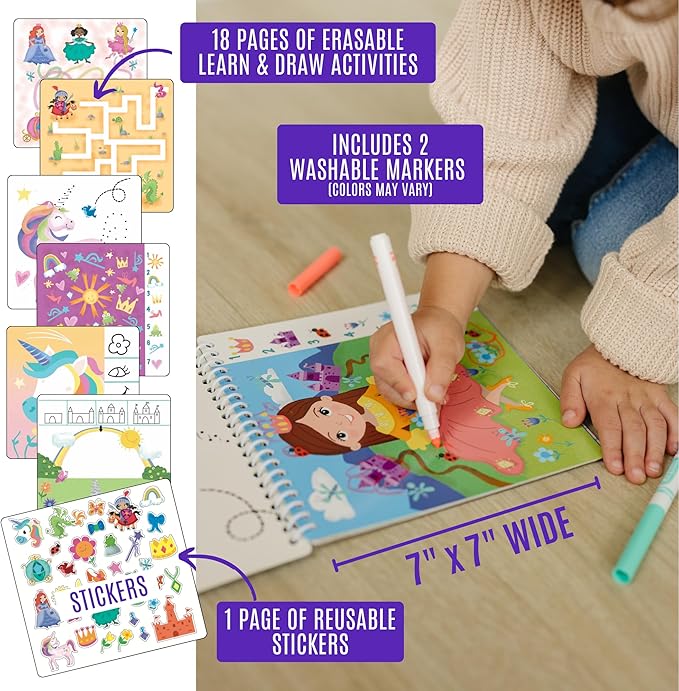 Kids Small Size Travel Educational Activity Book with Washable Markers (7"x7") - Car and Airplane Activities, Learning Toys for Toddlers - Search and Find, Reusable Stickers for Ages 4, 5, 6 (Space)