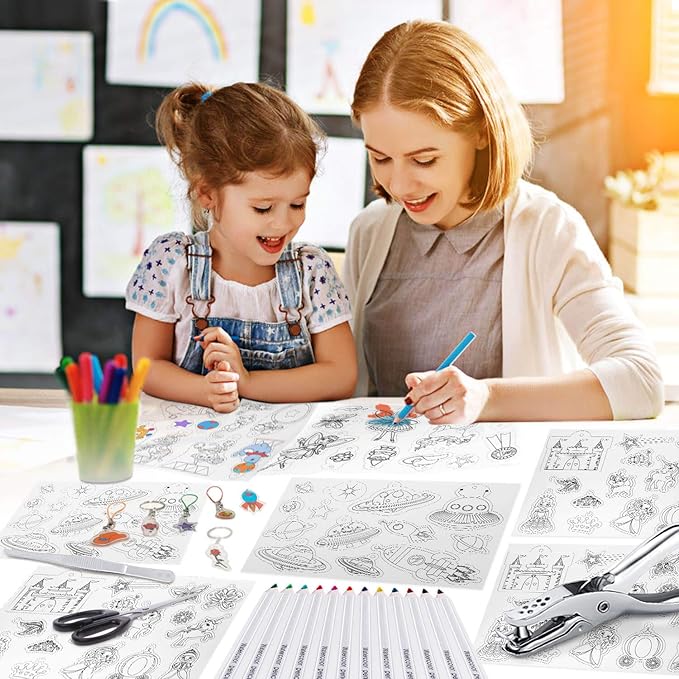 shynek 205 Pieces Shrinky Art Keychain Kit, Include 20 Pcs Shrinky Plastic Sheet and 185 PCS Keychain Accessories for Creative Art Craft