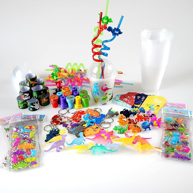 MOVINPE Dinosaur Party Favors Personalize Goody Cups with Gift Tags, Filled with Dinosaur Themed Reusable Straws Stampers Luminous Dinos Figure Slap Bracelets Keychains Rings 3D Stickers for Kids
