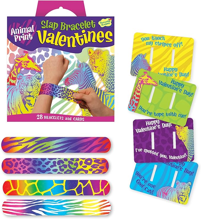 Peaceable Kingdom Valentines Cards for Kids Classroom, Set of 28 Valentines Day Gifts - Animal Print Slap Bracelets