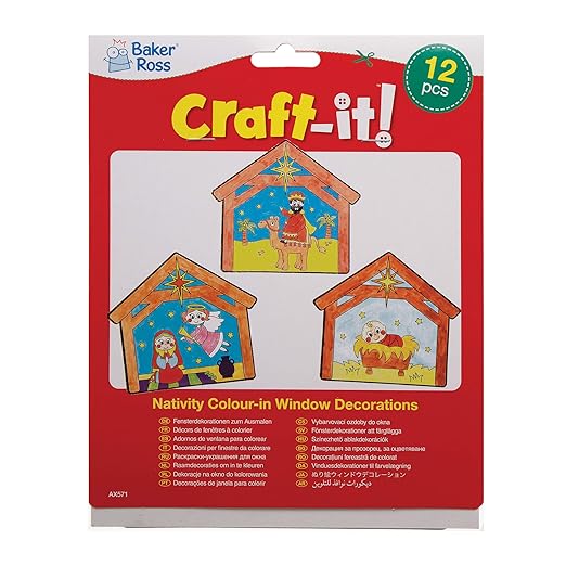 Baker Ross AX571 Nativity Window Decorations - Pack of 12, Unisex Hanging Decoration, Perfect for Kids Arts & Crafts Projects, Ideal for Sunday School Tasks, Craft Groups Activities and Home Crafting