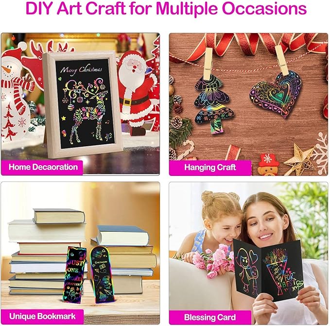 ZMLM Scratch Rainbow Art Paper Set - 50Pcs Magic Scratch Off Art Craft Supplies Kits for Kids Girls Boys Black Scratch Notes Sheet Doodle Pad for Fun DIY Toy Party Favors Christmas Birthday Gift