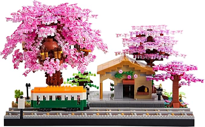 Architecture, Japanese Sakura Tree Class Train Station Cherry Blossom Tree Building Block Model Kit 3668 PCS for Adults and Kids, Classical Building Micro Blocks Set,Mini DIY Assembly Toy