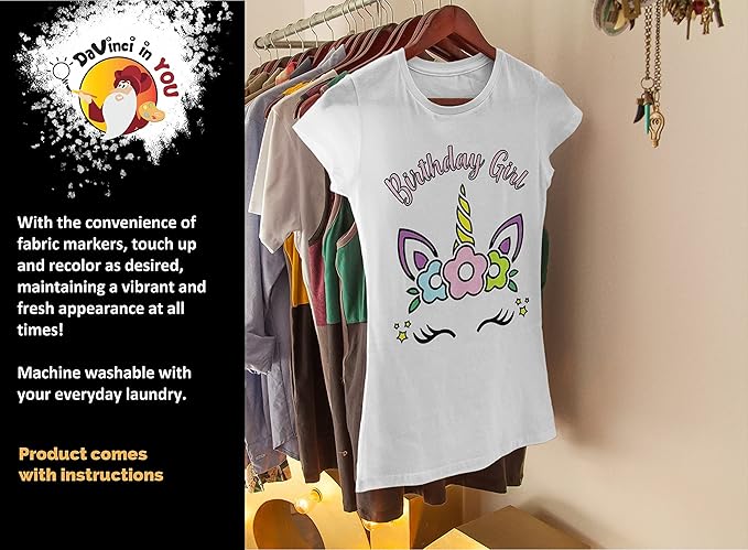 Coloring Shirt for Girls - Kit with 10 Fabric Markers and Alphabet Stencil (Birthday Unicorn, 6/7)