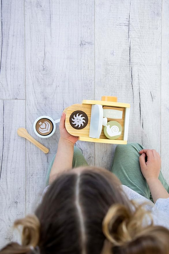 Pearhead Barista in Training Montessori Toy Coffee Maker, Wooden Pretend Play Toy Set for Developmental Learning, Play Kitchen Set for Toddlers Ages 3+ Years, 9 Piece Wooden Play Toy Set