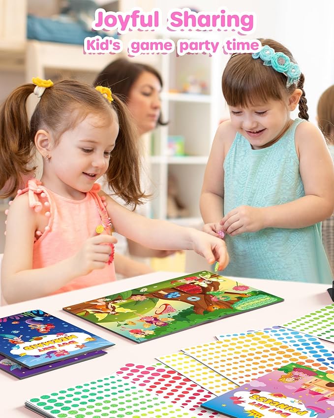 D-FantiX Dot Art Sticker Book Kits with Ink Pad, Mess-Free Finger Painting for Toddlers, Unicorn, Princess, Mermaid, Flower Fairy Arts and Crafts, Kids Travel Activities, Girls Easter Basket Stuffers