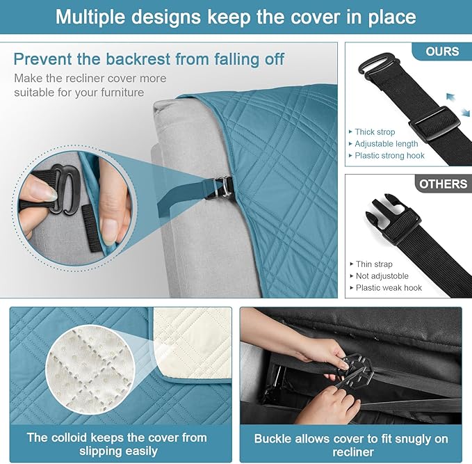 TAOCOCO 100% Waterproof Recliner Chair Cover, Non Slip Recliner Covers for Recliner Chair with Pocket, Washable Reclining Chair Cover Furniture Protector for Kids, Pets(Recliner Chair, Sky Blue)
