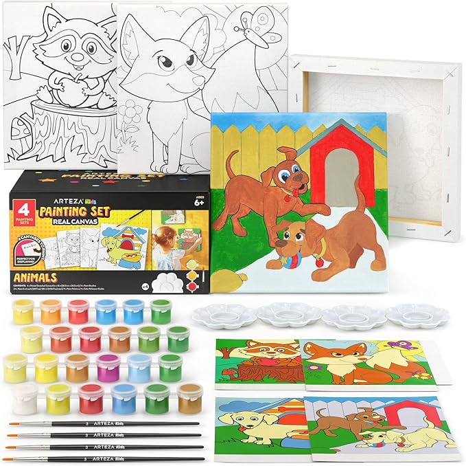 ARTEZA Kids Animals Painting Kit, 4 Canvases 8 x 8 Inches, 24 Acrylic Paints, 4 Paint Brushes, 4 Palettes, Kids Activities Ages 6 and Up