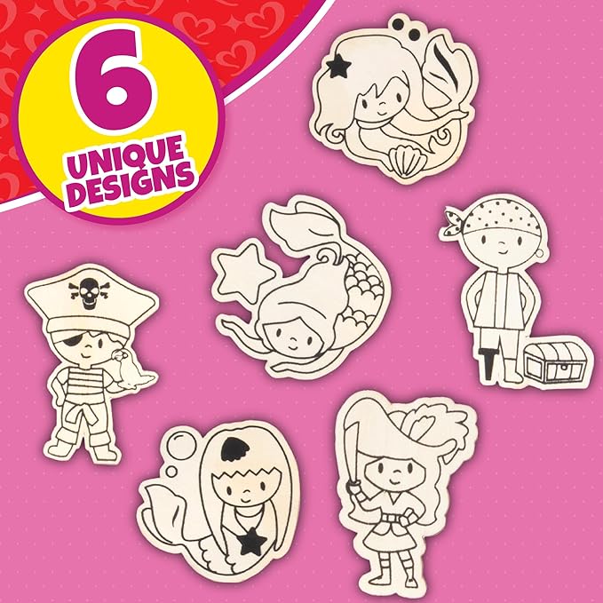 Valentines Cards for Kids Classroom -Mermaid & Pirate Wood Painting Kits (24ct)-Great Valentine's Day Gifts for Kids School Exchange -Each Valentine has Craft, Paints, Brush & Sticker for Boys & Girls