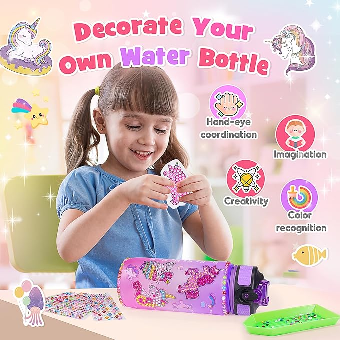 ZapWhiz Unicorn Toys for Girls Age 4-6, Decorate Your Own Water Bottle Kits for Girls,Diamond Painting Kits for Kids with Unicorn Stickers Craft Kits for Girls Gifts for 4-12 Year Old