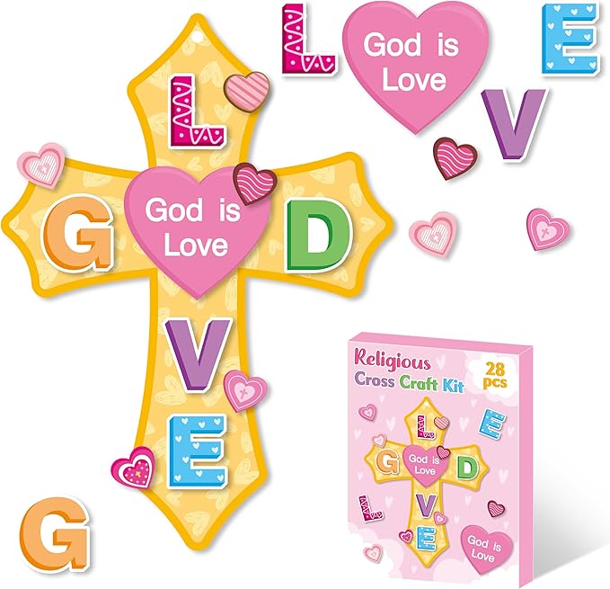 Haooryx Valentine's DIY Craft Kit - 28 Pack Valentine’s Day God is Love Cross Craft Kit Make Your Own Thankful Cross Hanging Ornament Religious Sunday School Church Christian Party Fun Activities