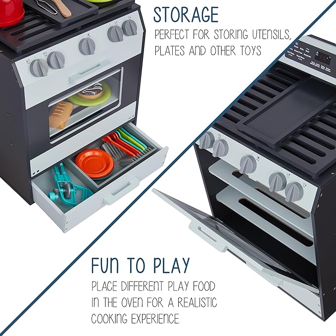 Lil’ Jumbl Wooden Play Oven | Gourmet Chef’s Kitchen Playset with Pretend Oven, Stove, Knobs & Storage Drawers for Toys | Beautiful, Realistic, Lifelike Design | Recommended Toddlers & Kids Ages 3+
